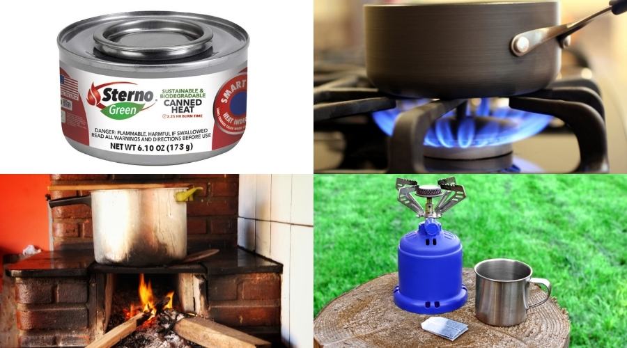 emergency cooking including canned heat, candles, gas stove, wood burning stove and more